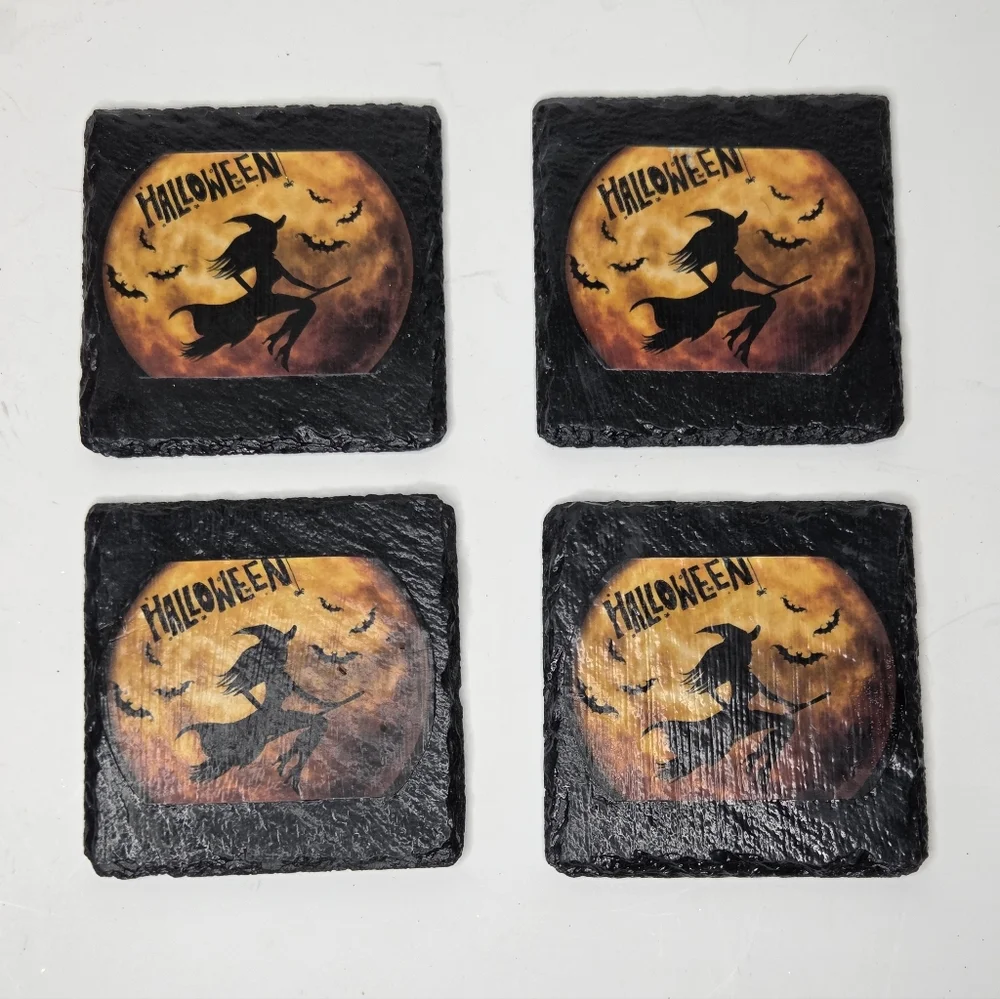 Halloween Whimsigoth Witch‎ Slate Coasters Black and Orange Flying On Broom - Picture 8 of 8